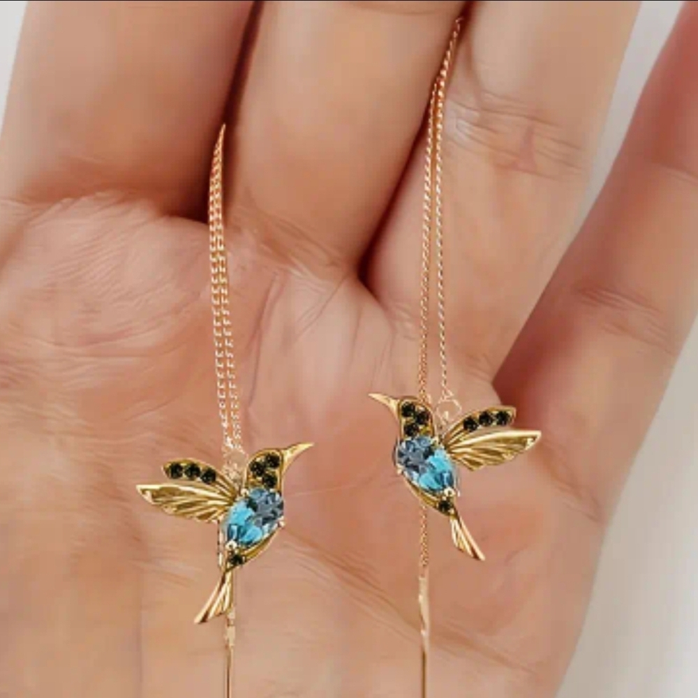 NWT! Elegant Bird Blue Gold Inlaid Zirconia Linear Earrings